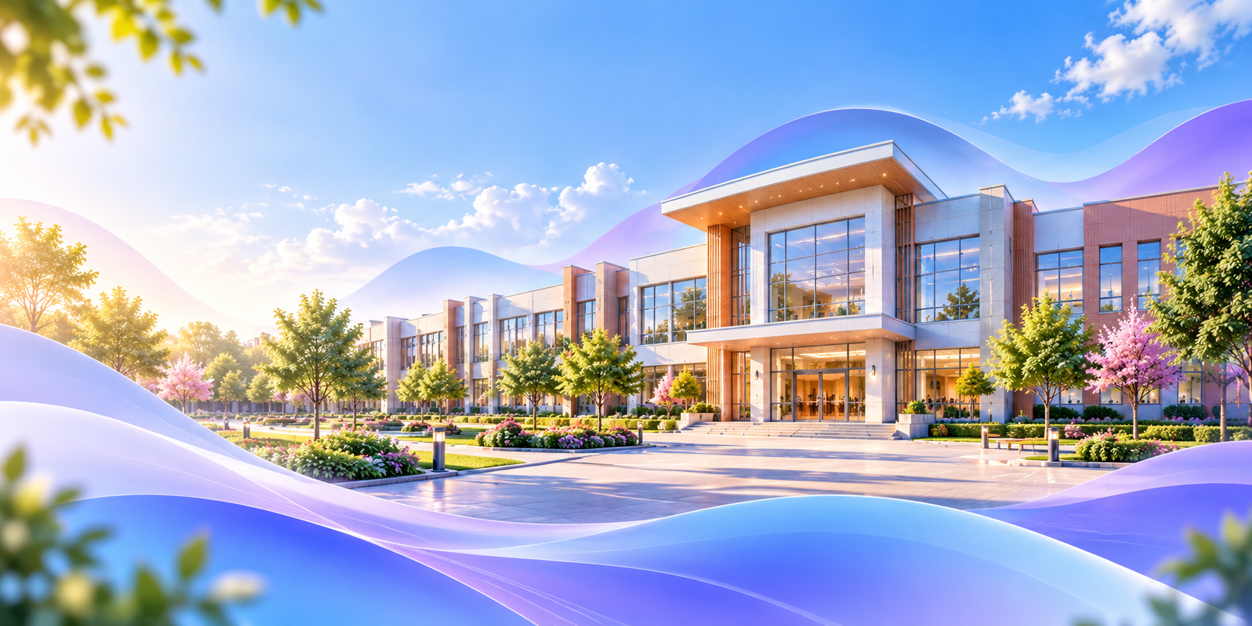 Modern school campus with landscaped grounds and blue-lavender design waves